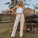 Pantalon cargo en denim délavé semi-élastique, pantalon décontracté